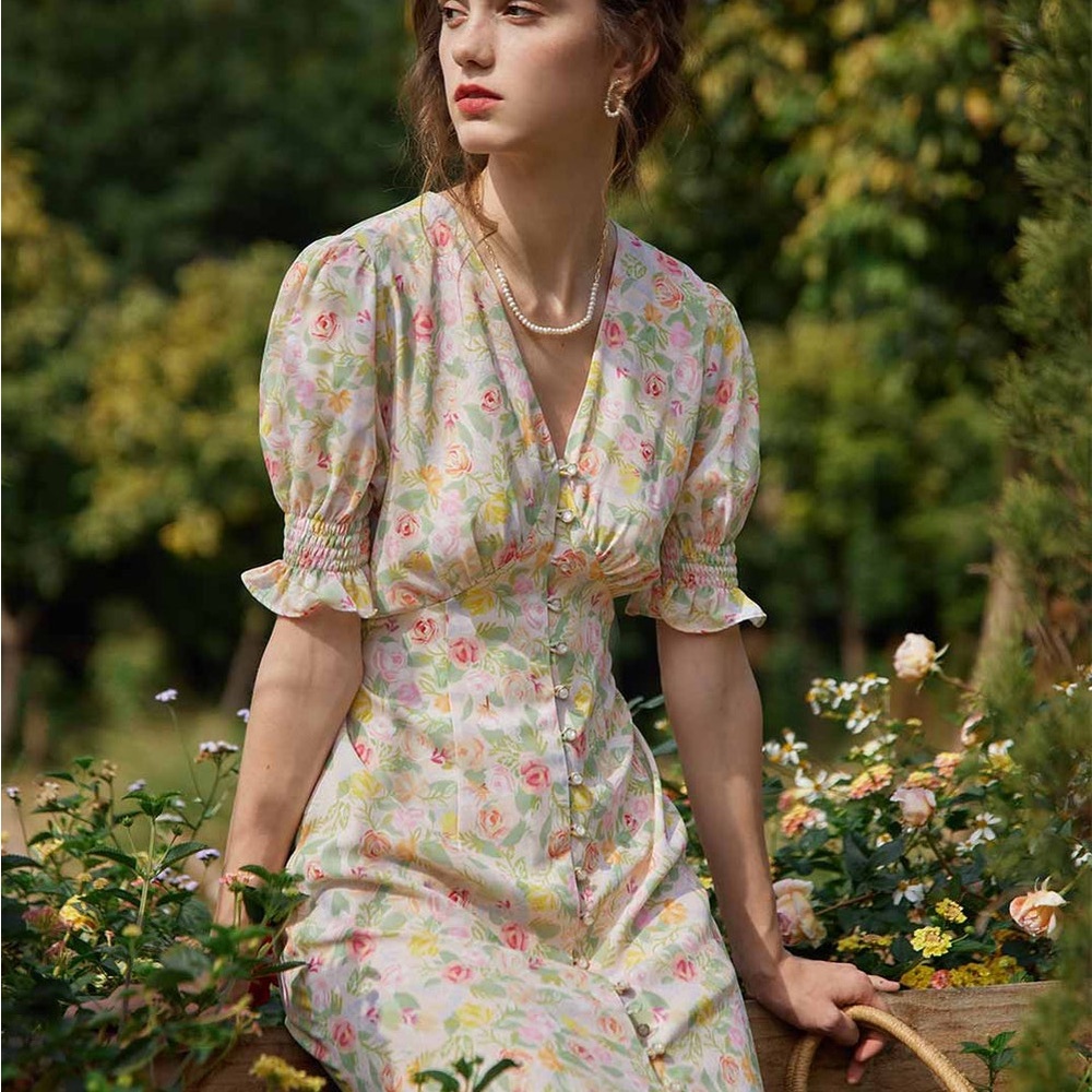 Kora Floral Dress in Cream and Pink
